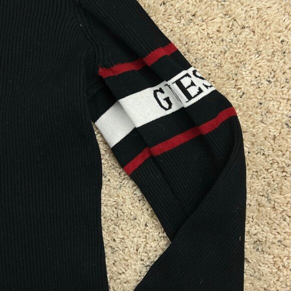 Guess Sweater Women Large Black Red Pullover 1/4 Zip Casual Knit Ladies w Logos - Picture 5 of 8